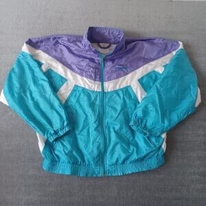 Vintage Adidas Windbraker Jacket Womens Medium Blue Shiny Front Zip 80's